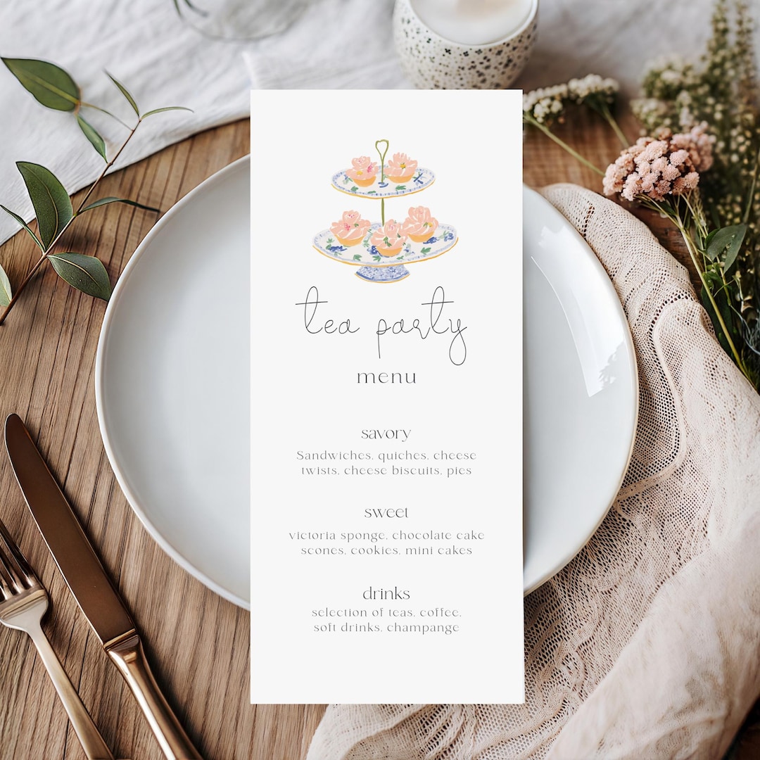 Tea Party Menu Template | Afternoon Tea Menu Card | Printable Bridal ...
