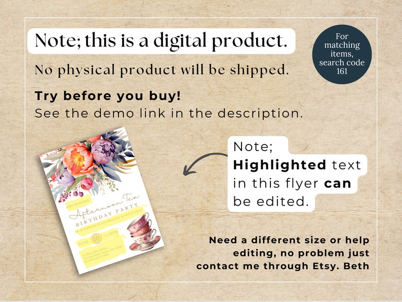 May include: A printable invitation for an afternoon tea birthday party. The invitation features a watercolor illustration of flowers in shades of pink, purple, and orange. The text "Afternoon Tea Birthday Party" is written in a yellow box with a floral border. The text "June 10, 2023" is written in a circle with a floral border.