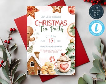Christmas Tea Party Invitation | Gingerbread Holiday Invite | Editable Xmas Party Flyer | Winter Tea Event Template  | 283