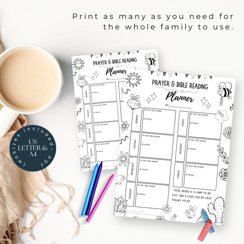 May include: Black and white printable planner with a bee and flower design. The planner is for prayer and bible reading and includes a daily reading and prayer section. The text "Your word is a lamp to my feet, and a light for my path" is included with the verse Psalms 119:105.