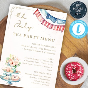4. Juli Tea Party Menü Vorlage | Vierter Juli Nachmittagstee | High Tea | Tag der Unabhängigkeit Ereignis einladen | Bearbeitbares Menü | Druckbar | 212