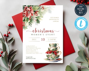 May include: A white invitation card with a watercolor illustration of a poinsettia and holly. The text reads "City Church invites you to a special Christmas Women's Event, Dec 10, 2:30 PM". The invitation also includes details about a delicious afternoon of fellowship, prayer, ministry, and a selection of delicious cakes, sandwiches, and tea. Tickets are $5 and RSVP is by December 1st.