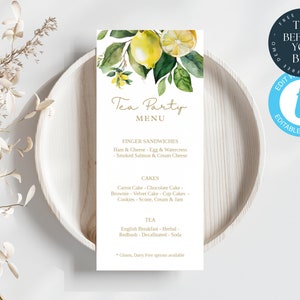 Citrus Lemon Nachmittagstee Menü Vorlage | Garten Teekränzchen | Bearbeitbares Ereignismenü | Menükarte Vorlage | High Tea Braut, Babyparty | 213