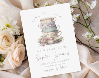Afternoon Tea Bridal Shower Invitation Template | Tea Party Invite Editable | Bride to Be Invite | Floral Teacup Invite | 235
