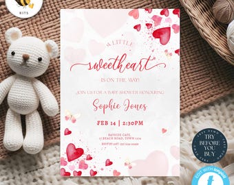 May include: A pink and white baby shower invitation with red hearts and butterflies. The text reads "A Little Sweetheart is on the way!"  Join us for a baby shower honouring Sophie Jones. Feb 14 | 2:30PM. Bayside Cafe. 17 Beach Road, Town 1234. RSVP by [55] 1234 123456.
