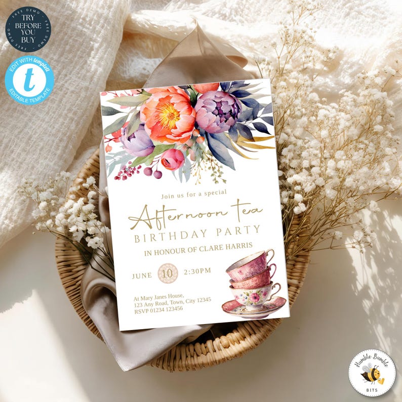 Tea Party Birthday Invitation | Afternoon Tea Invite | Editable Template Templett | High Tea | Printable Download | 161 image 1