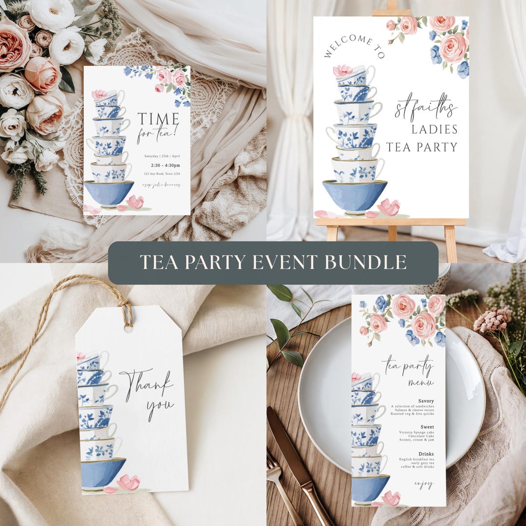 Utcom Invite Tea Party Event Bundle | Blue Floral Teacup Invitation Set | Afternoon ...