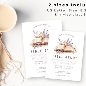 K&ouml;nnte beinhalten: Zwei wei&szlig;e Einladungen zum Bibelstudium mit Aquarellillustrationen eines offenen Buches und floralen Akzenten. Der Text enth&auml;lt "Bible Study" und Veranstaltungsdetails. Die Einladungen haben das Format US Letter (21,6 x 27,9 cm) und Einladungsgr&ouml;&szlig;e (12,7 x 17,8 cm).