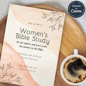 Könnte beinhalten: Ein druckbarer Flyer mit einem Aquarellhintergrund in Pfirsich- und Cremetönen. Der Flyer wirbt für ein Bibelstudium für Frauen mit dem Text "Schließen Sie sich uns für ein Bibelstudium für Frauen an" und "Während wir die Frauen der Bibel erforschen und von ihnen lernen". Der Flyer enthält auch die Details "Montags 13:00 Uhr in der Christ Church Harrow" und "Weitere Informationen finden Sie unter: Yourchurchwebsite.com".