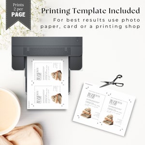 May include: A printer printing a template for a Women's Book Club. The template includes the text "Women's Club" and a stack of books. The image also shows a cup of coffee, scissors, and the text "Prints 2 per PAGE".