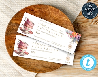 Editable afternoon tea event tickets | Printable Tea Party Ticket | Fundraising Tickets | Church, Charity, Community, PTO PTA | 161