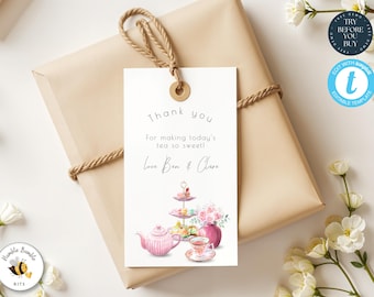 May include: White thank you tag with a pink teapot, a tiered cake stand with pink flowers and pastries, and the text "Thank you for making today's tea so sweet! Love Ben & Clare".