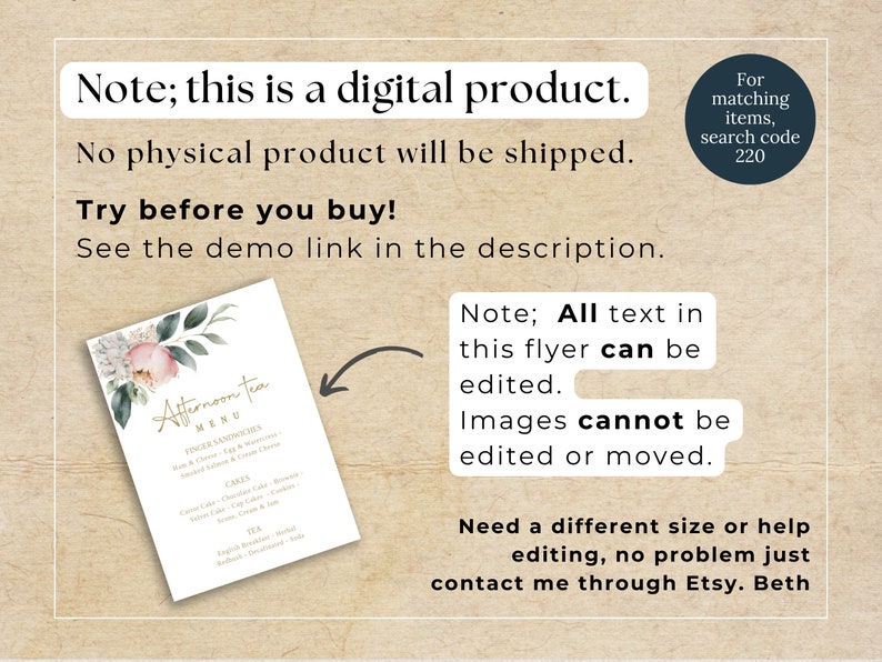 Afternoon Tea Menu Template | Editable Event Menu | Printable Menu ...