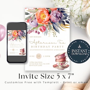May include: A printable invitation for an afternoon tea birthday party. The invitation features a watercolor floral design with a teacup and saucer. The text on the invitation reads "Afternoon Tea Birthday Party" and includes the date, time, and location of the event.