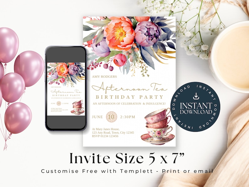 May include: A printable invitation for an afternoon tea birthday party. The invitation features a watercolor floral design with a teacup and saucer. The text on the invitation reads "Afternoon Tea Birthday Party" and includes the date, time, and location of the event.