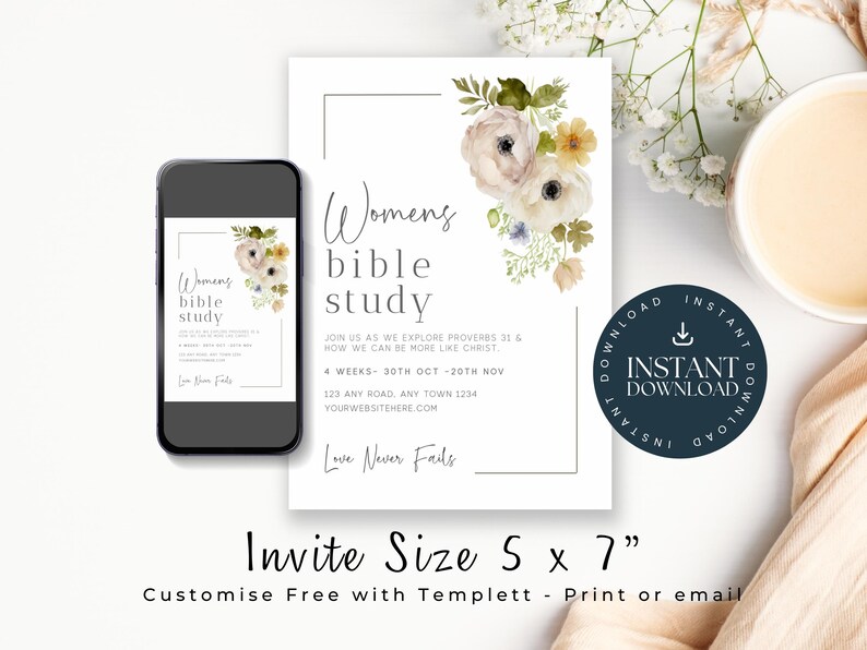 Volante floral para estudio bíblico de mujeres / Invitación editable para iglesia / Plantilla imprimible para ministerio / Invitación para grupo cristiano / 136 imagen 2