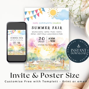 May include: A colorful watercolor illustration of a summer fair with a bouncy castle, games, music, food, drinks, craft stalls, and wacky races. The text reads "Hope Community Church Summer Fair" and "July 20, 10am-4pm".