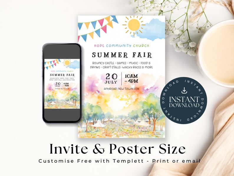 May include: A colorful watercolor illustration of a summer fair with a bouncy castle, games, music, food, drinks, craft stalls, and wacky races. The text reads "Hope Community Church Summer Fair" and "July 20, 10am-4pm".