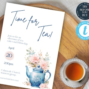 Church Tea Party Invitation | Editable Women’s Fellowship Flyer | Afternoon Tea Ministry Event Template - Blue - 169