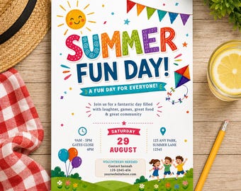 Summer Fun Day Editable Invite | Church Event | 4th of July Party | Picnic in the Park | Family Reunion | Community, School PTA,PTO | 229