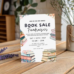 Circulaire de collecte de fonds pour la vente de livres | Evénement scolaire PTO PTO | Affiche caritative de la bibliothèque | Flyer modifiable de collecte de fonds pour l'église | Salon du livre communautaire | 172