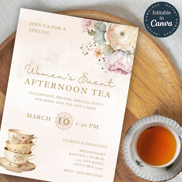 Afternoon Tea Editable Invitation | Afternoon Tea Fundraiser Invite | Editable Church Conference Flyer | Women’s Bridgerton Tea Event | 162