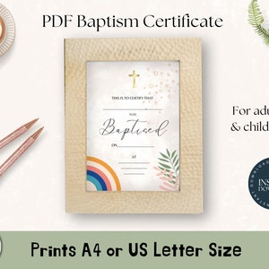 Certificado de bautismo en PDF imprimible para adultos o niños / Certificado de bautismo de la Iglesia / Bautismo en agua / Arco iris simple colorido / BP-100