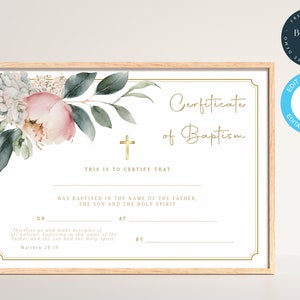 Certificado de Bautismo Editable / Peonías Rosas / Certificado de Bautismo / Bautizo, Dedicación de Bebé / Certificado de Iglesia Imprimible / 220