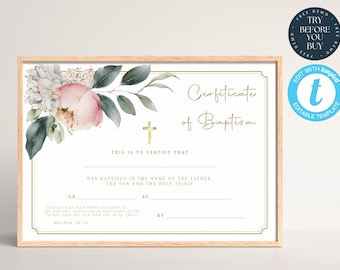 Editable Baptism Certificate | Pink Peonies | Certificate Of Baptism | Christening, Baby Dedication | Printable Church Certificate | 220