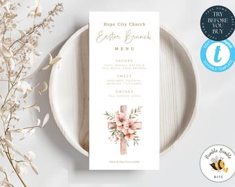 Menu del brunch della croce di Pasqua, modello di menu di Pasqua, segnaposto di Pasqua stampabili, menu modificabile, modello di scheda del menu, menu del pranzo della chiesa - 349