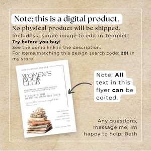 May include: Digital flyer for a Women's Book Club, featuring a stack of books with floral accents. The flyer includes the text "Women's Book Club" and details for weekly meetings. The text is editable.