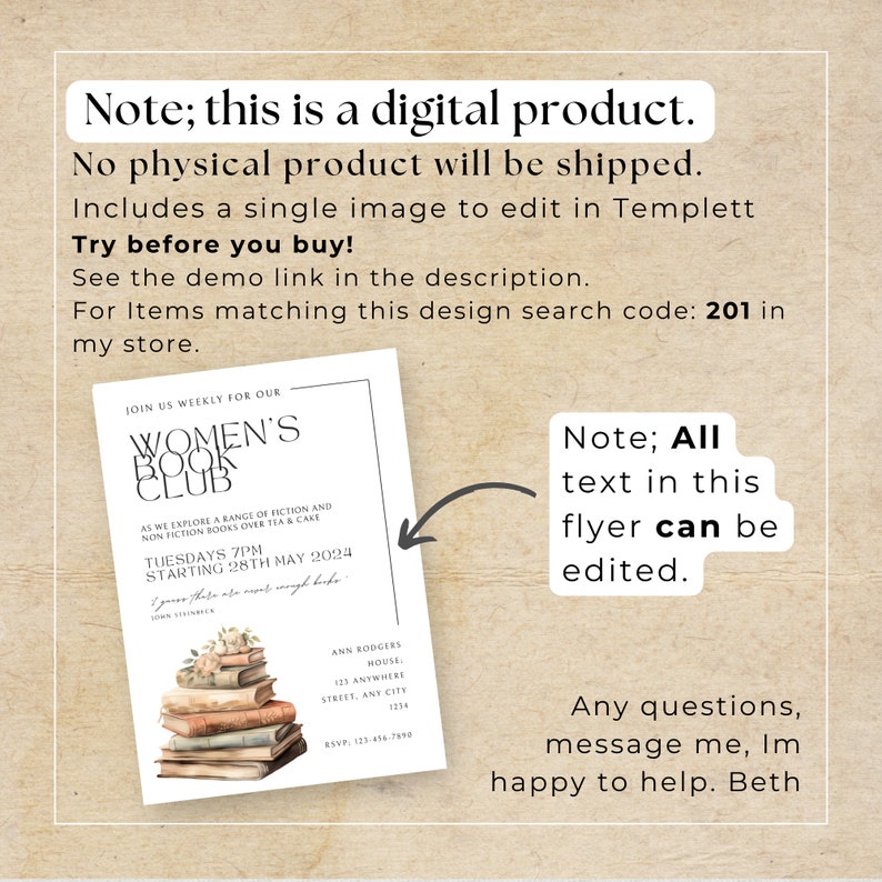 May include: Digital flyer for a Women's Book Club, featuring a stack of books with floral accents. The flyer includes the text "Women's Book Club" and details for weekly meetings. The text is editable.