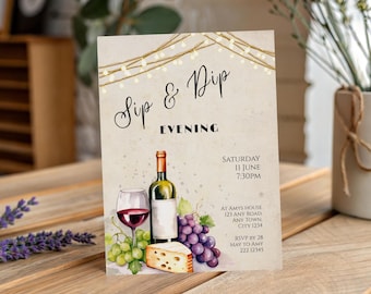 May include: A beige invitation card with the text "Sip & Dip Evening". The card features watercolor illustrations of a wine bottle, a glass of red wine, grapes, and cheese. Decorative string lights are at the top.