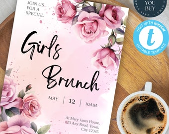 May include: A pink and white floral invitation with the text "Girls Brunch" and the date "May 12, 10AM". The invitation also includes the location "At Mary Janes House, 123 Any Road, Town, City 12345" and the RSVP number "1234 123333".