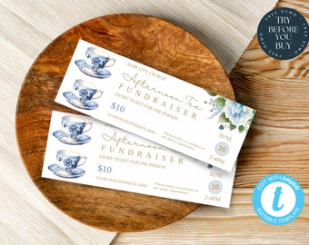 Editable Afternoon Tea event Tickets | Printable Tea Party Ticket | Gift Voucher | Church, Charity, Community, PTO PTA | 205