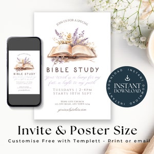 K&ouml;nnte beinhalten: Digital Einladung und Poster Design f&uuml;r ein Bibelstudium. Das Design zeigt ein offenes Buch mit floralen Akzenten, ein Smartphone mit der Einladung und den Text "BIBLE STUDY". Details zu Zeit und Ort des Studiums sind enthalten.