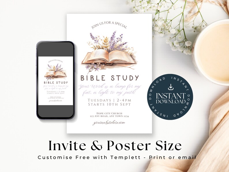 K&ouml;nnte beinhalten: Digital Einladung und Poster Design f&uuml;r ein Bibelstudium. Das Design zeigt ein offenes Buch mit floralen Akzenten, ein Smartphone mit der Einladung und den Text "BIBLE STUDY". Details zu Zeit und Ort des Studiums sind enthalten.