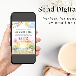 May include: A smartphone displaying a colorful digital flyer for a summer fair at Hope Community Church. The flyer features a watercolor illustration of a sunny day with a bouncy castle, games, music, food, and craft stalls. The fair is scheduled for July 20th from 10am to 4pm.