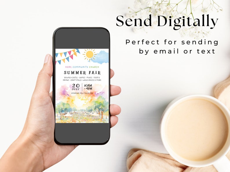 May include: A smartphone displaying a colorful digital flyer for a summer fair at Hope Community Church. The flyer features a watercolor illustration of a sunny day with a bouncy castle, games, music, food, and craft stalls. The fair is scheduled for July 20th from 10am to 4pm.