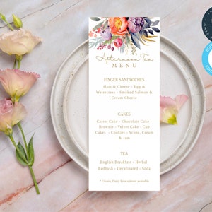 Szablon menu popołudniowej herbaty | Edytowalna karta menu wydarzenia | Menu do druku | Przyjęcie herbaciane | PTA, PTO | Panna młoda, Baby Shower | Przyjęcie ogrodowe | 161