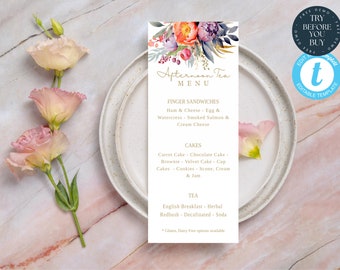 Afternoon Tea Menu Template | Editable Event Menu Card | Printable Menu | Tea Party | PTA, PTO | Bridal, Baby Shower | Garden Party | 161