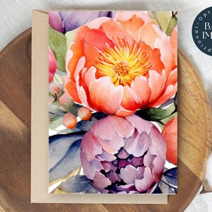 May include: A watercolor painting of a bouquet of pink and orange peonies with green leaves. The flowers are painted in a realistic style and the colors are vibrant and bright.