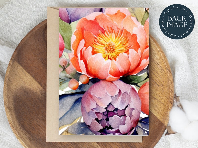 May include: A watercolor painting of a bouquet of pink and orange peonies with green leaves. The flowers are painted in a realistic style and the colors are vibrant and bright.