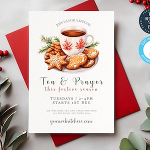Thé de Noël et invitation à la prière | Bourse pour femmes | Thé festif | Circulaire de l&#39;événement de l&#39;église | Modèle modifiable | Tea Party chrétienne | 260