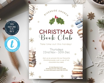 Christmas Book Club Invite | Holiday Reading Party Flyer | Editable Book Exchange Template | Winter Book Club Printable | 295