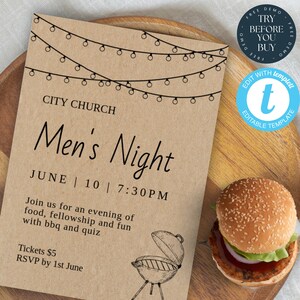 Op de afbeelding: Een bruine papieren uitnodiging met lichtslingers bovenaan. De tekst luidt "City Church Mannenavond Juni | 10 | 19:30 uur Doe mee met een avond vol eten, gezelligheid en plezier met barbecue en quiz Tickets €5 RSVP voor 1 juni".