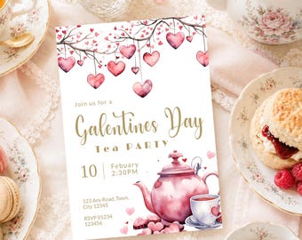 Editable Galentines Day Invite | Valentine’s Day | Ladies Tea Party | Valentine'S Tea Party Invitation | Pink and Gold par-tea invite | 298