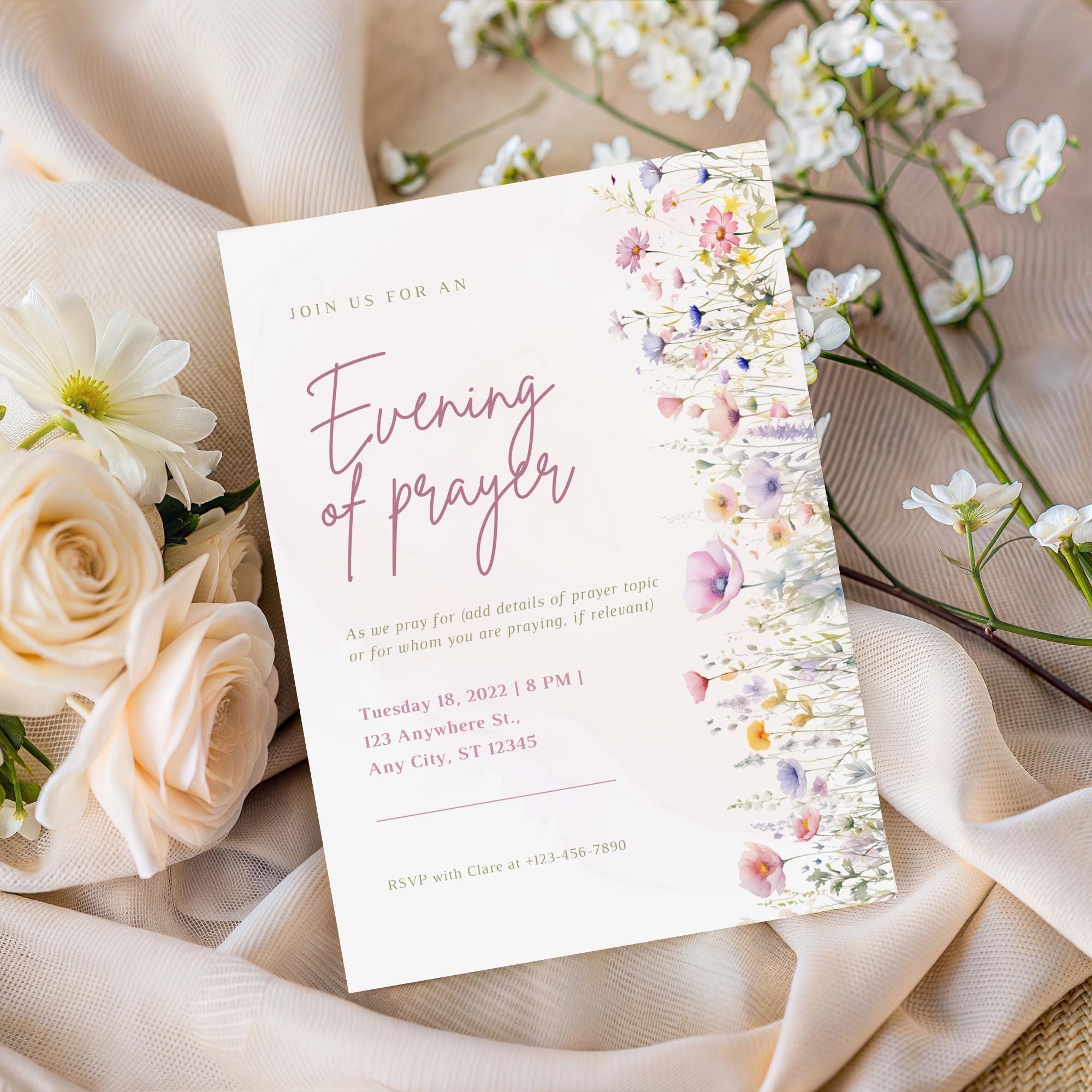 Prayer Invite Spring Flowers Prayer Group Invitation Template | Small Group Invite ...