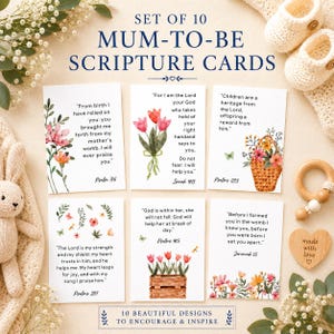 Puede incluir: Juego de 10 tarjetas de escritura para futuras mamás con diseños florales en acuarela. Cada tarjeta presenta un versículo bíblico y un mensaje inspirador. Incluye un corazón de madera con la frase "made with love".