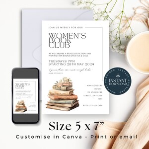 May include: A Women's Book Club invitation with a stack of books illustration. The invitation includes details for weekly meetings, starting May 28th, 2024, at 7 PM. The size is 5 x 7 inches. Customize in Canva, print or email.